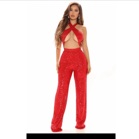 Fashion Nova Pants - NWT! Shine On Sequin Jumpsuit Halter Criss Cross Red XL